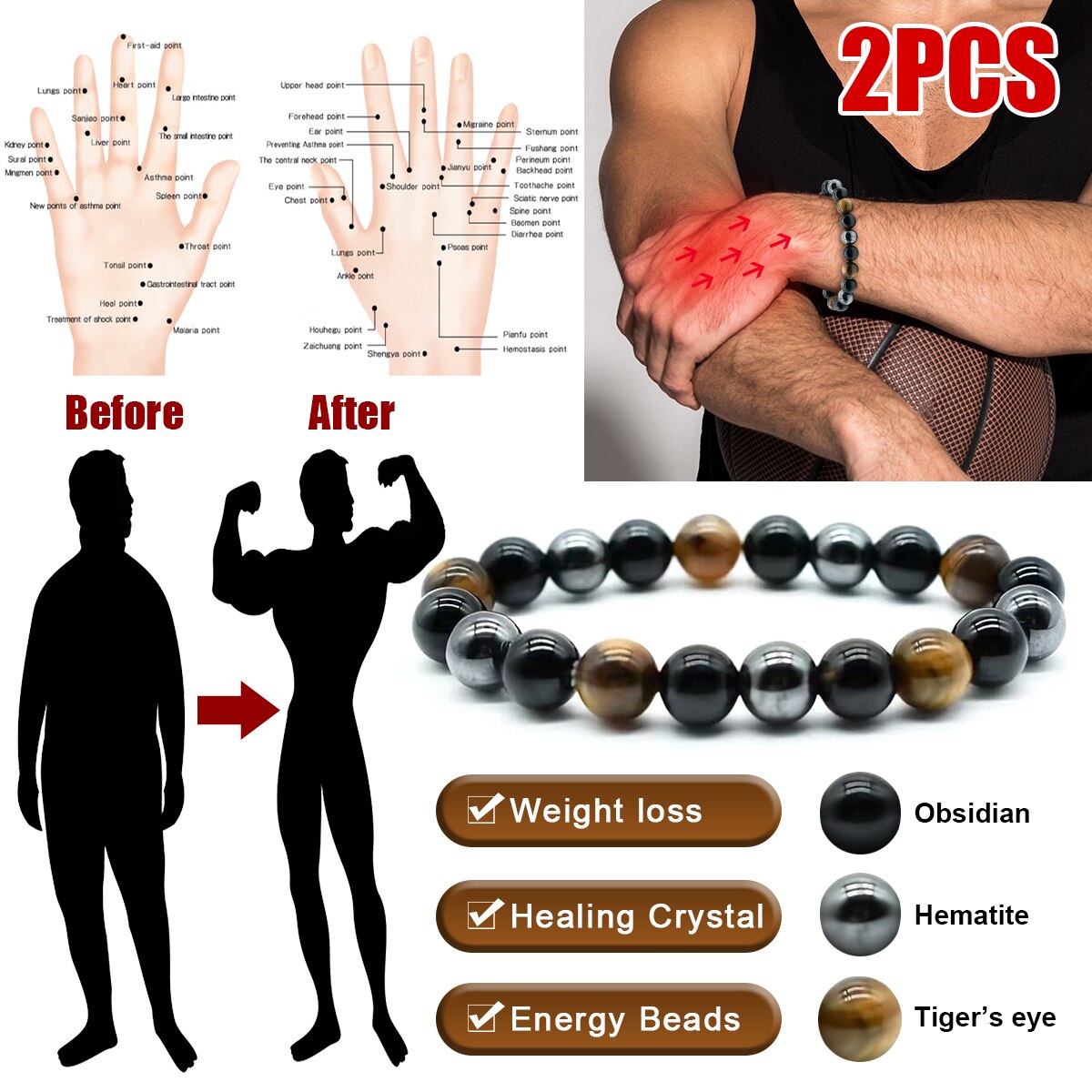 Coordinates Bracelet - Браслет тройной защиты 2 PCS/Set-тигровый глаз,