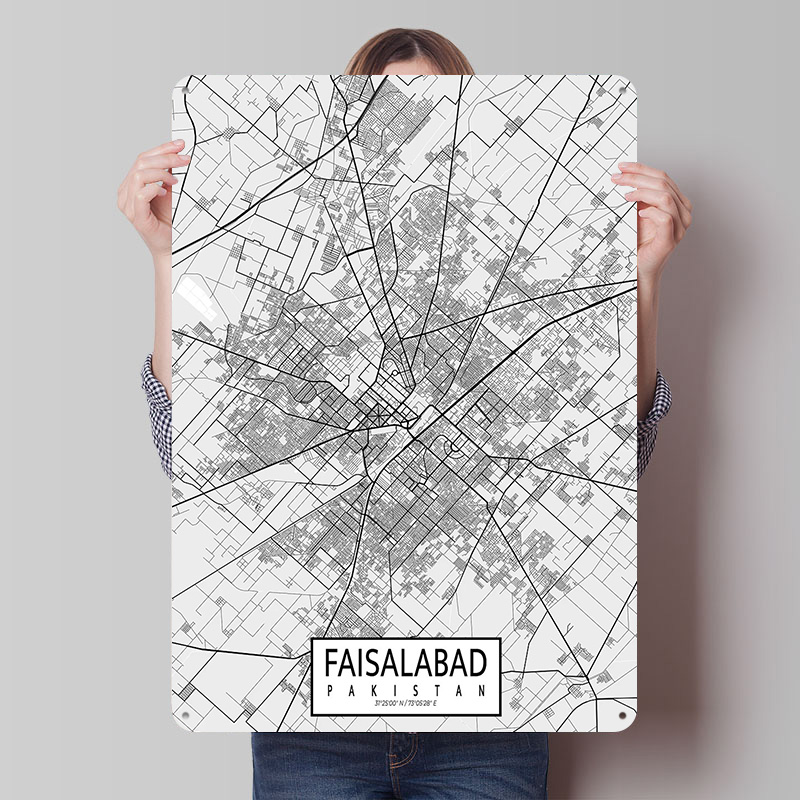 Custom Map Poster - Карта города Файсалабад, Пакистан, светлый жестяной